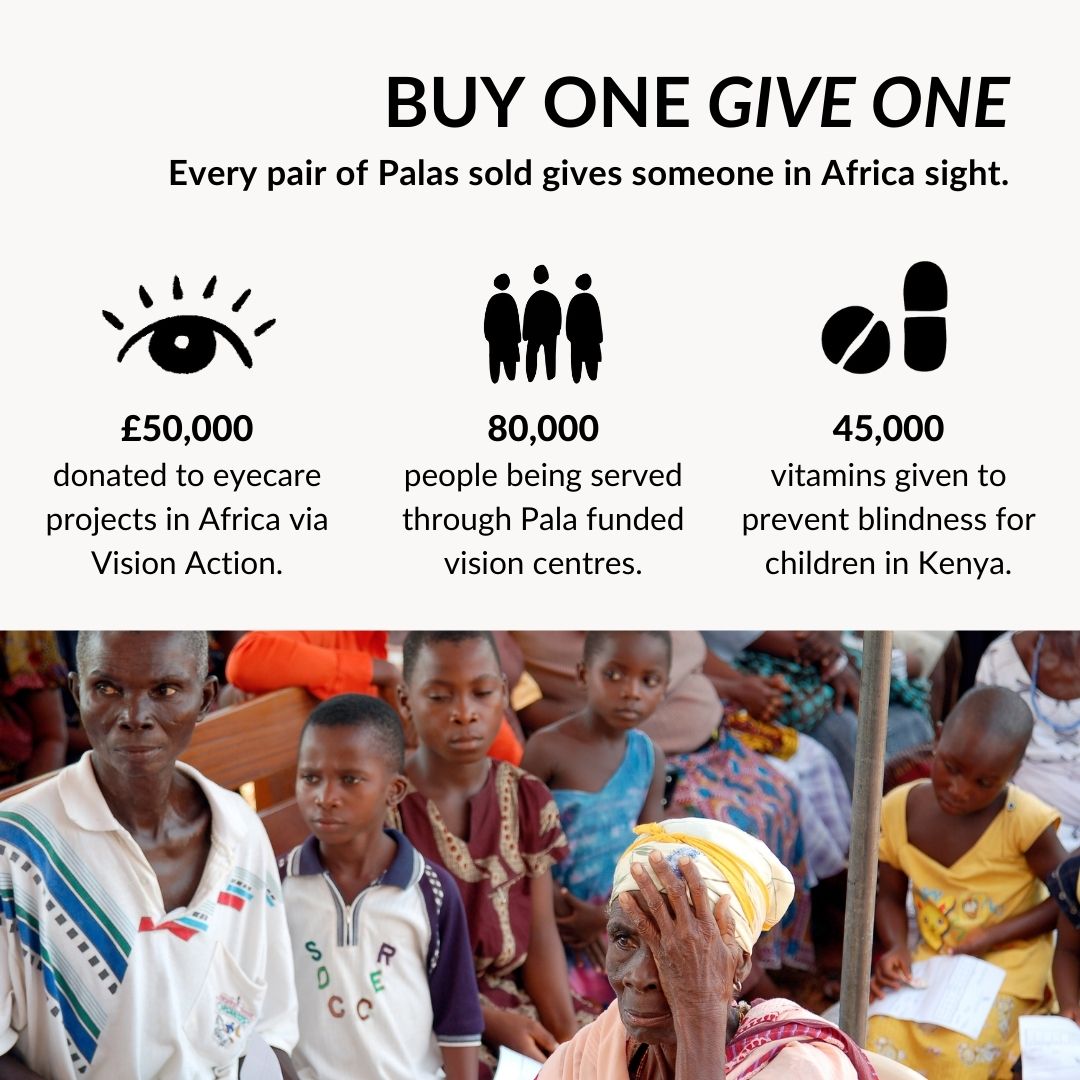 Buy One Give One Graphic Image dipicting Pala Eyewears give back scheme. For every pair of Pala glasses sold, someone in Africa receives and eye test and spectacles.