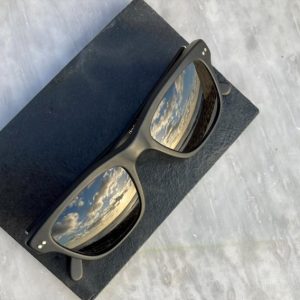 black polarized sunglasses reflecting sunset in lenses