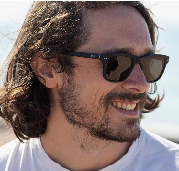 Man wearing square black ethical sunglasses