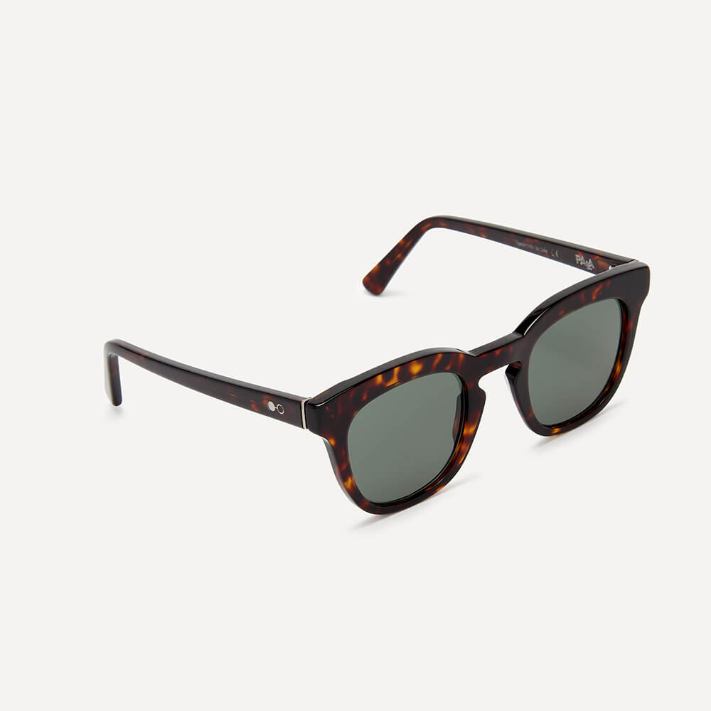 square brown sunglasses with green lenses