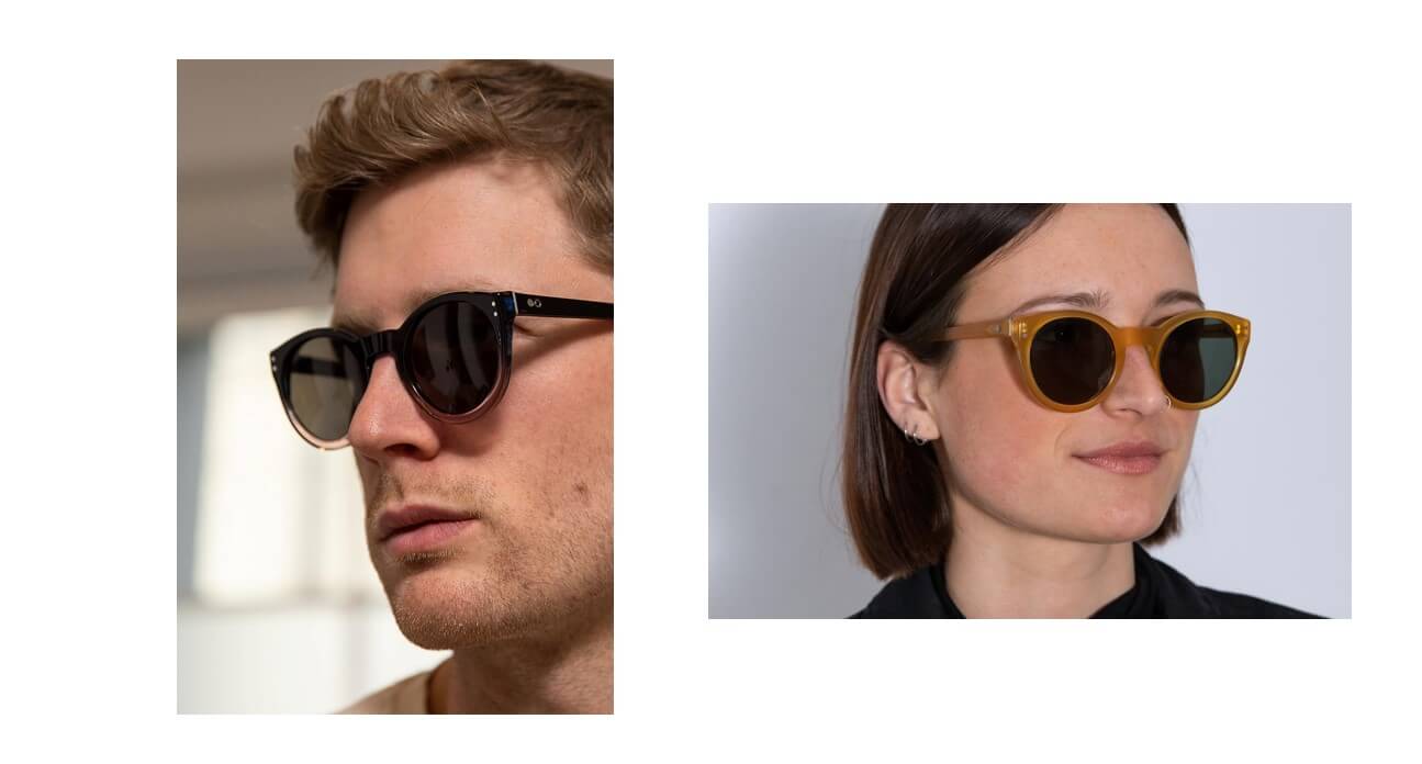 male and female wearing round eco friendly sunglasses
