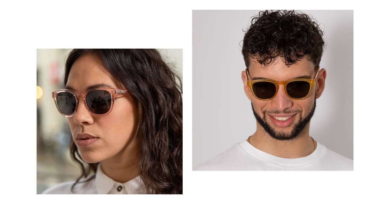 man and woman wearing transparent eco-friendly sunglasses