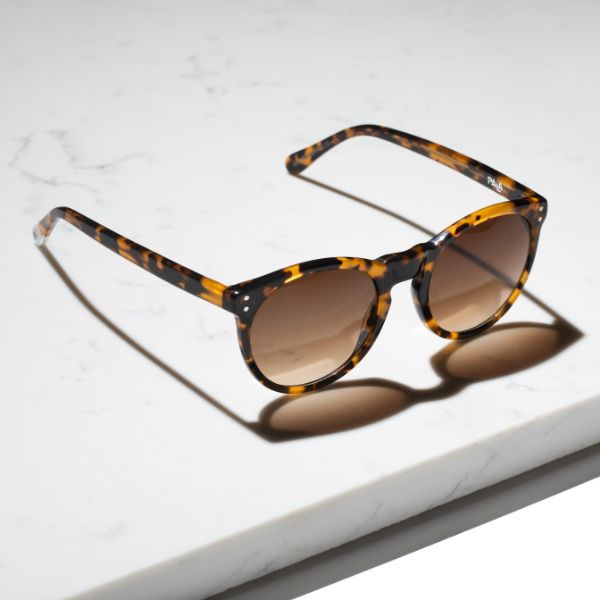 side angle of tortoiseshell round eco friendly sunglasses
