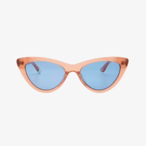 Fashion forward pink cateye sunglasses with light blue lenses. Made for eco friendly materials