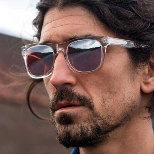 man wearing Grey wayfarer sunglasses in eco friendly material