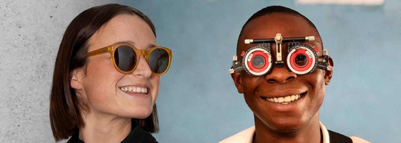 woman wearing ethical Pala sunglasses and boy wearing optical frames for eye test