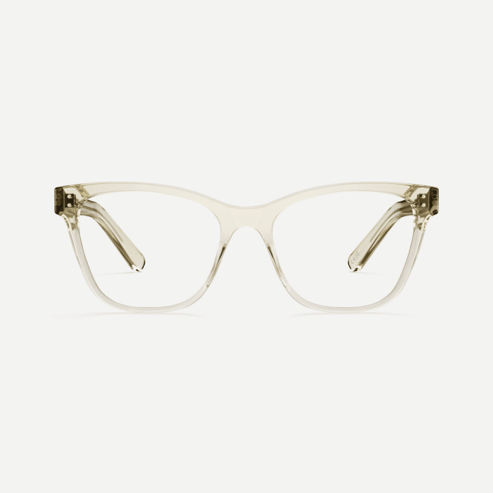 Sustainable clear almond coloured cat eye glasses handmade from bio-acetate in Italy.