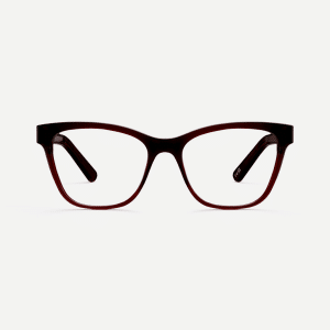 Ruby red eco-friendly square cat eye glasses handmade in Italy, available as prescription glasses or blue light blocking glasses.