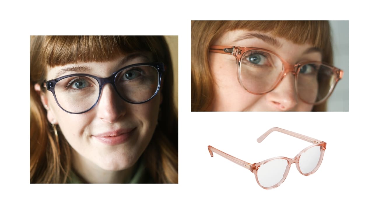Collage of Ayo round feminine glasses. Available in bright colours and made from bio-acetate in Italy.