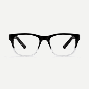 Sustainable square prescription glasses in two tone black and crystal design. Available with blue light blocking lenses.