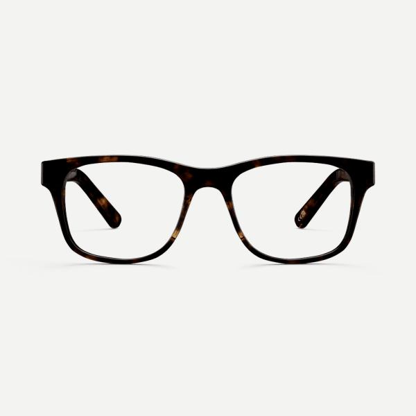 Sustainable square prescription glasses in havana brown tortoiseshell. Available with blue light blocking lenses.