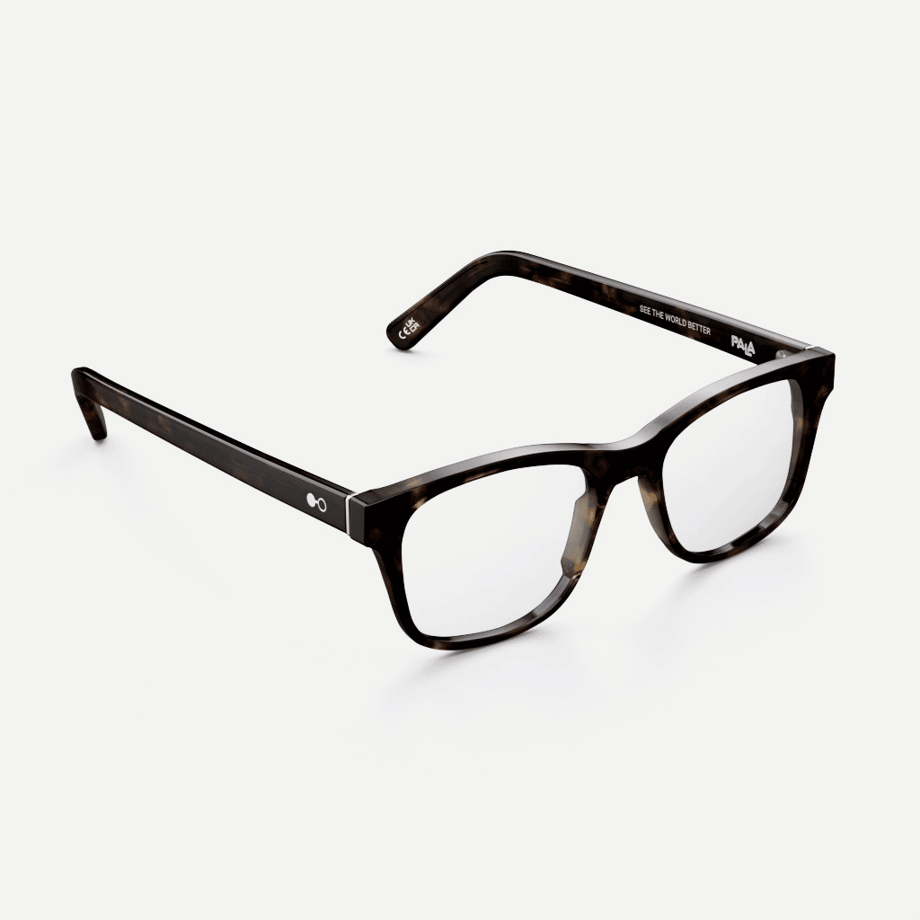 Sustainable square prescription glasses in havana brown tortoiseshell. Available with blue light blocking lenses.