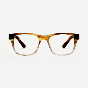 Sustainable square prescription glasses in yellow to crystal fade. Available with blue light blocking lenses.