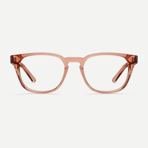 Classic square coral pink glasses with a keyhole nose bridge detail. Made from sustainable bio-acetate.