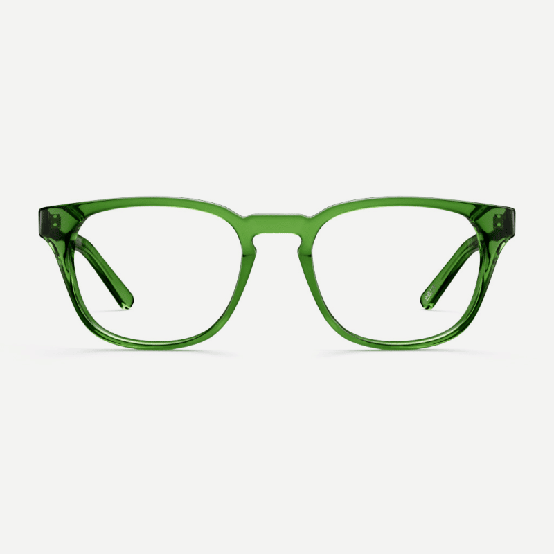 Classic square emerald green glasses with a keyhole nose bridge detail. Made from sustainable bio-acetate.