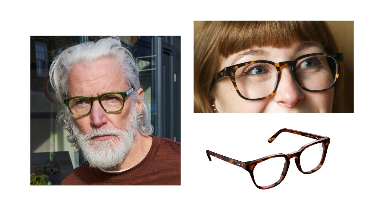 Collage of timamu square unisex glasses. Made from bio-acetate in Italy.