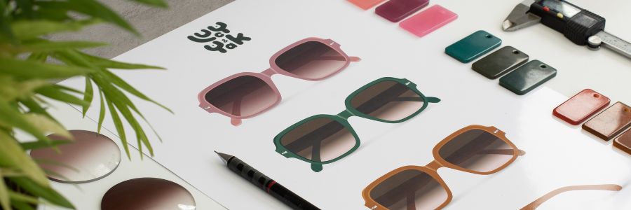 Technical drawings of the lucy and yak x pala eyewear collaboration with bio-acetate colour samples to match.