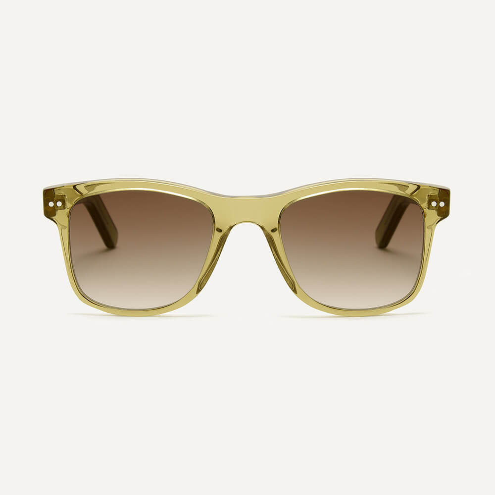 Square wayfarer square sunglasses frame in crystal yellow gold bio-acetate and brown polarised lenses.