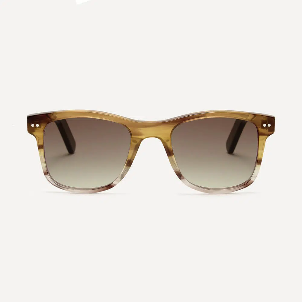 Square wayfarer square sunglasses frame in subtly detailed 'yellow smoke' bio-acetate. A yellow-brown mottled frame.