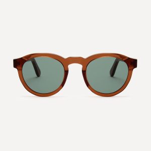 Classic round sunglasses from in transparent tawny brown bio-acetate and grey-green polarised lenses for added clarity.