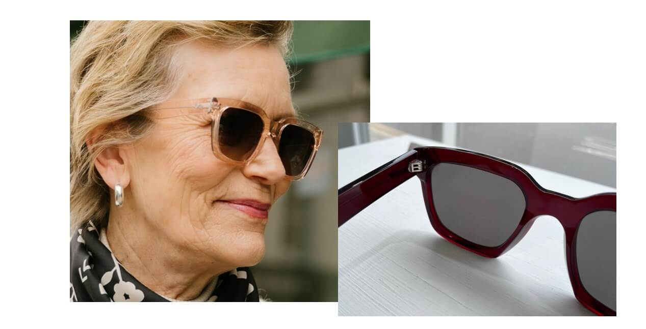 woman wearing light colour square oversize ethical sunglasses